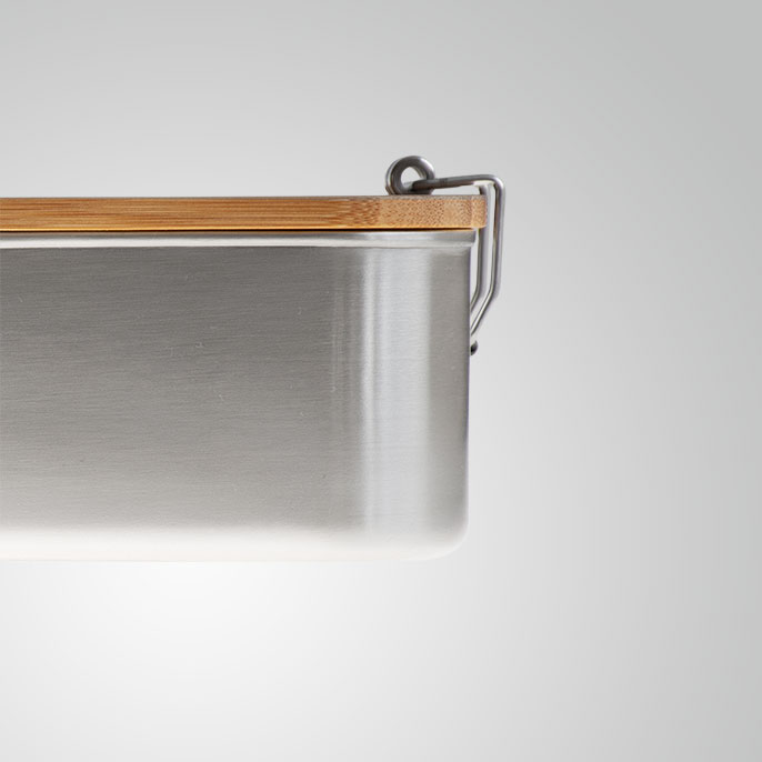 Cameleonpack Edelstahl-Lunchbox 1800 ml mit Bambusdeckel. Detail Seitenansicht.