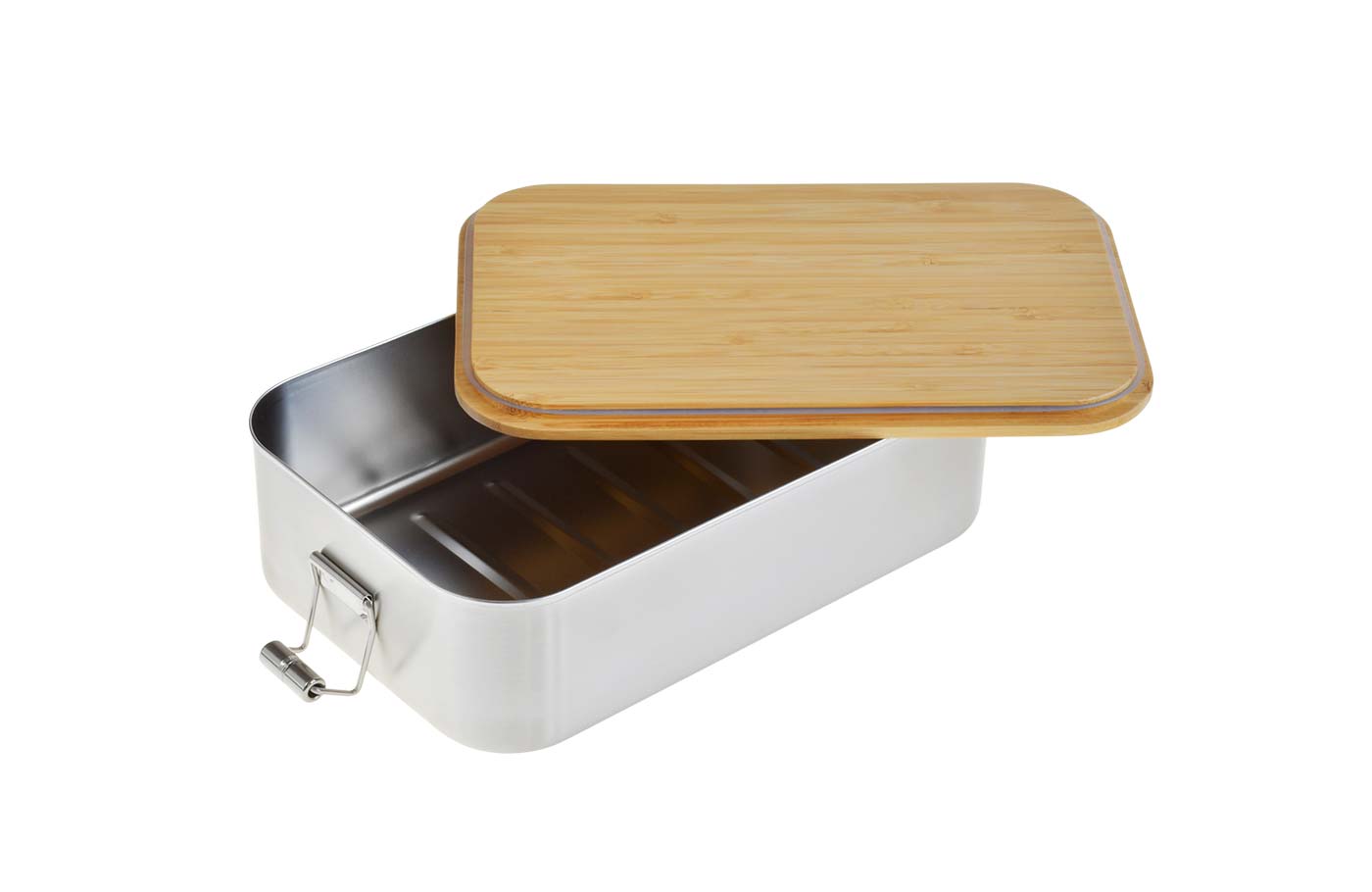 Cameleonpack Lunchbox CP SA 15 • 1800 ml aus Edelstahl mit Bambusdeckel mit Dichtung. Ansicht geöffnet von schräg oben.