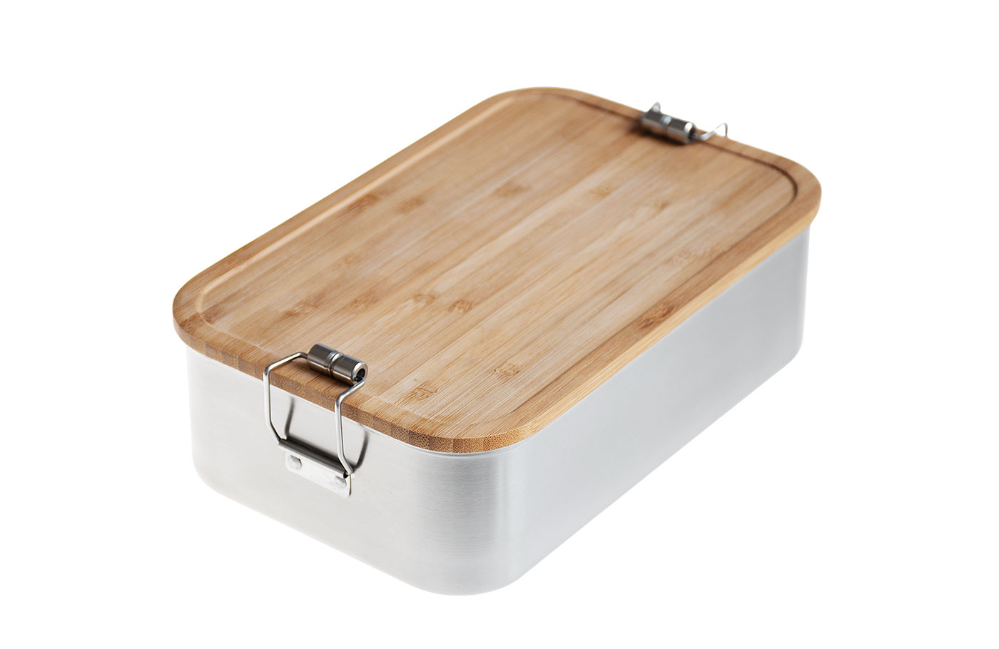 Cameleonpack Lunchbox CP BA C8 • 1800 ml aus Edelstahl mit Bambusdeckel Mit Bügelverschluss. Ansicht geschlossen von schräg oben.