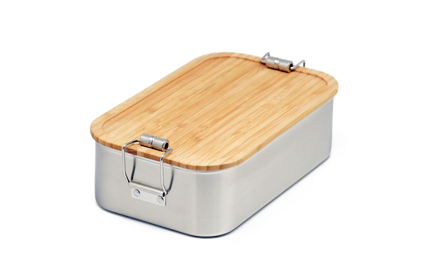Cameleonpack Lunchbox CP SA 10 • 1100 ml aus Edelstahl mit Bambusdeckel mit Dichtung und Bügelverschluss. Ansicht geschlossen von schräg oben.