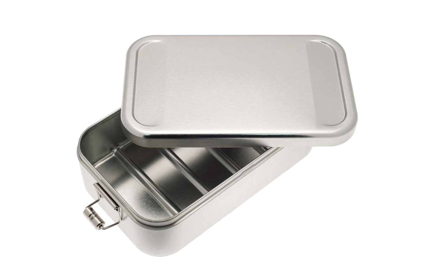 Cameleonpack Lunchbox CP ES C2 • 1100 ml komplett aus Weißblech mit Bügelverschluss. Ansicht geöffnet von schräg oben.