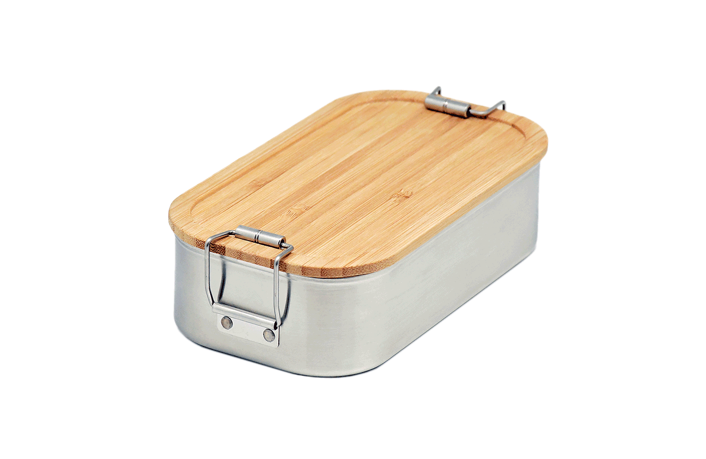 Cameleonpack Lunchbox CP BA C5 • 700 ml aus Edelstahl mit Bambusdeckel, mit Bügelverschluss. Ansicht von schräg oben.