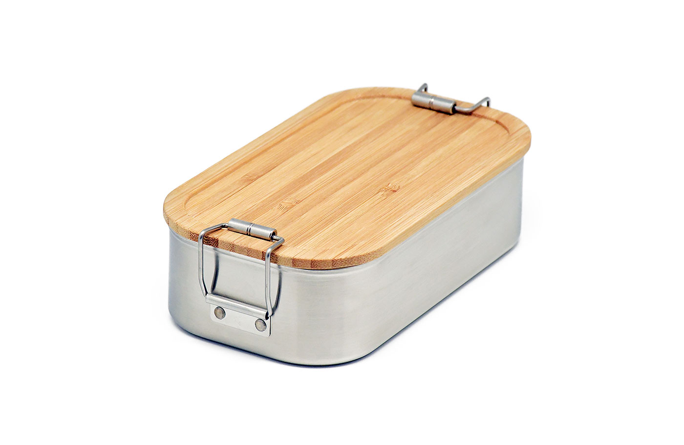 Cameleonpack Lunchbox CP BA C5 • 700 ml aus Edelstahl mit Bambusdeckel, mit Bügelverschluss. Ansicht von schräg oben.