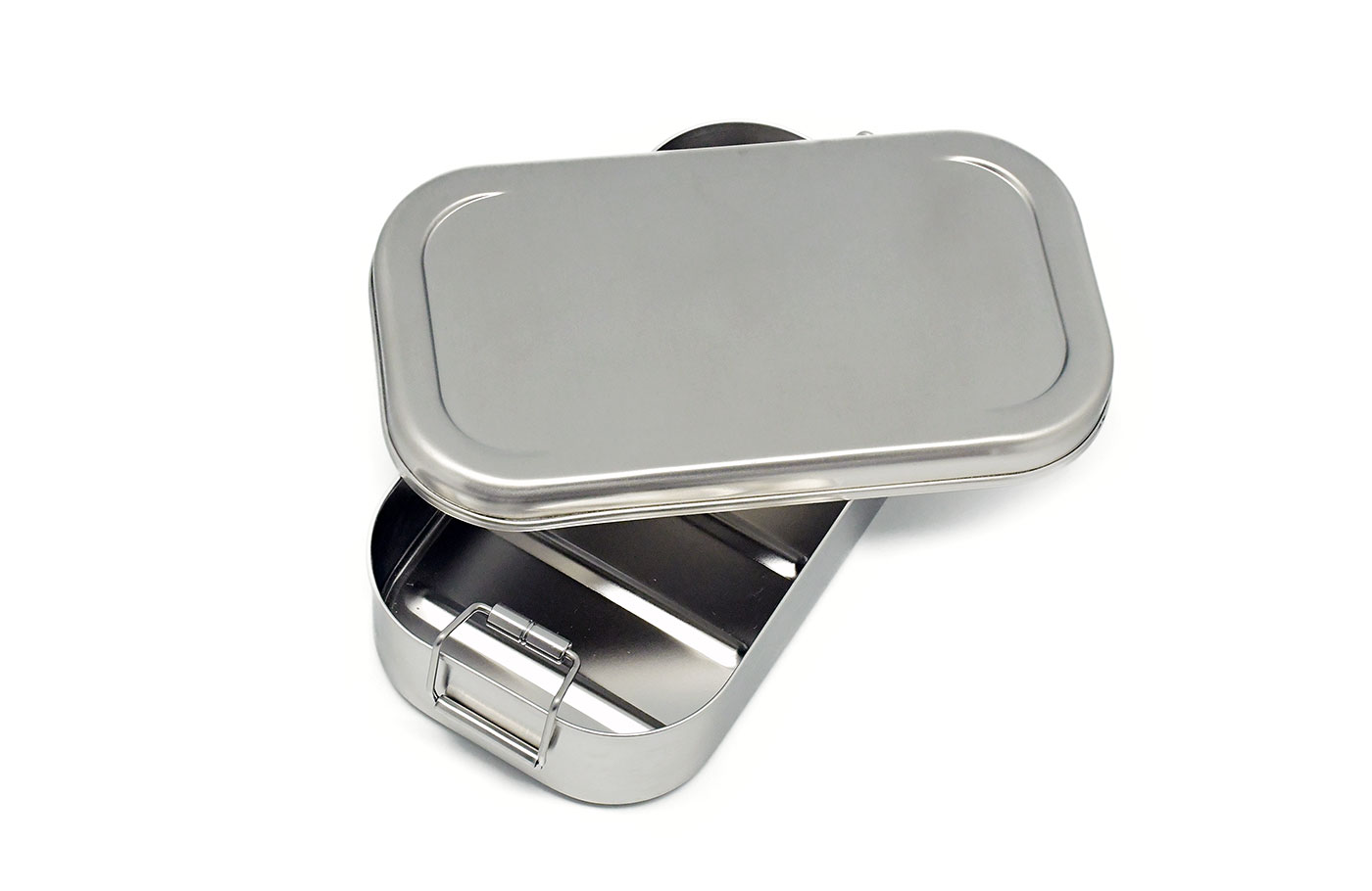 Cameleonpack Lunchbox CP ES C3 • 700 ml komplett aus Edelstahl mit Bügelverschluss. Ansicht von schräg oben, geöffnet.