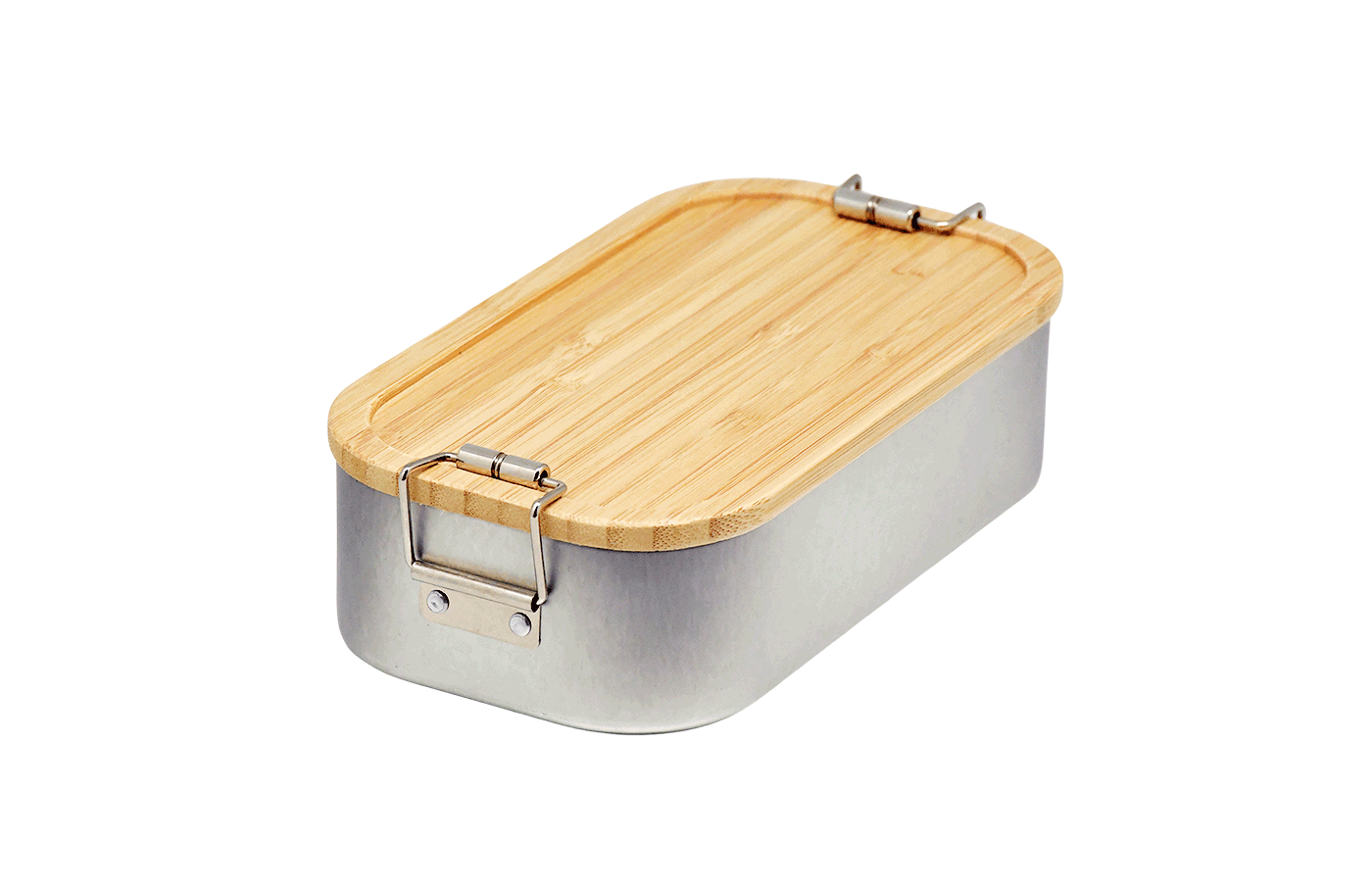 Cameleonpack Lunchbox LB BA 05 • 700 ml aus Weißblech mit Bambusdeckel, mit Bügelverschluss. Ansicht von schräg oben.