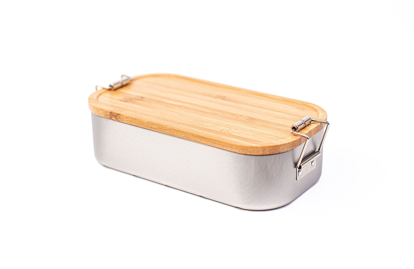 Cameleonpack Lunchbox LB BA 05 • 700 ml aus Weißblech mit Bambusdeckel, mit Bügelverschluss. Ansicht schräg seitlich.