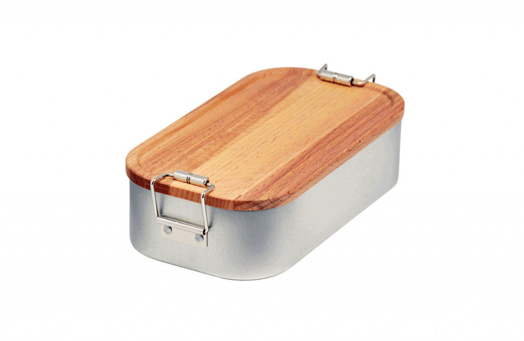 Cameleonpack Lunchbox LB BU 05 • 700 ml aus Weißblech mit Buchendeckel, mit Bügelverschluss. Ansicht von schräg oben.