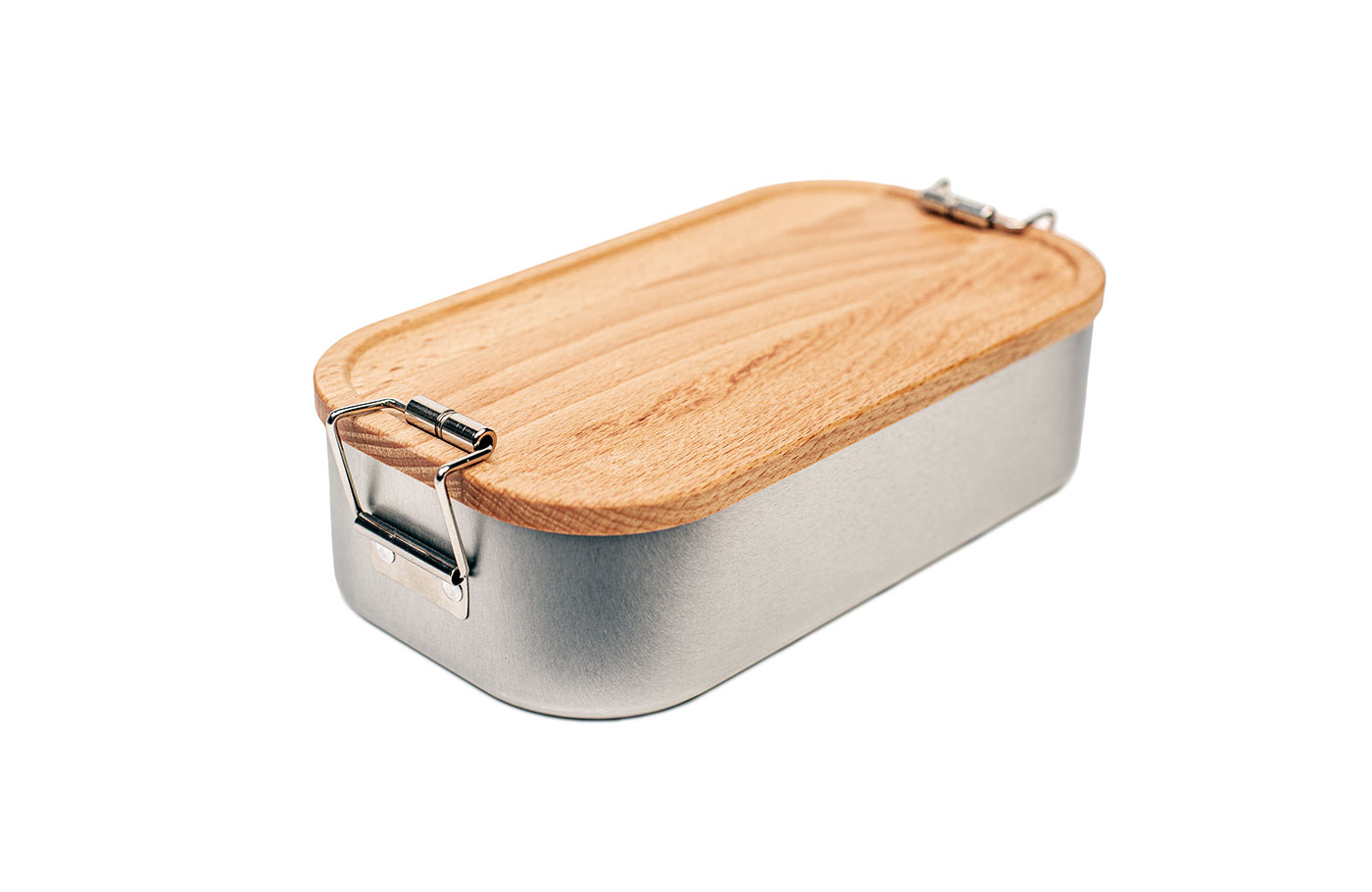 Cameleonpack Lunchbox LB BU 05 • 700 ml aus Weißblech mit Buchendeckel, mit Bügelverschluss. Ansicht schräg von vorn.