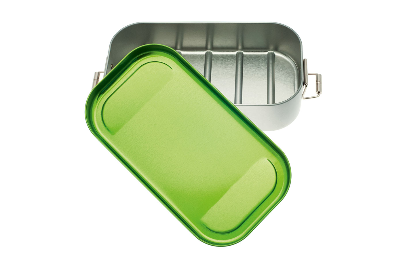 Lunchbox LB GREEN • 700 ml komplett aus Weißblech mit Bügelverschluss. Draufsicht geöffnet. Deckelinnenseite gefärbt.