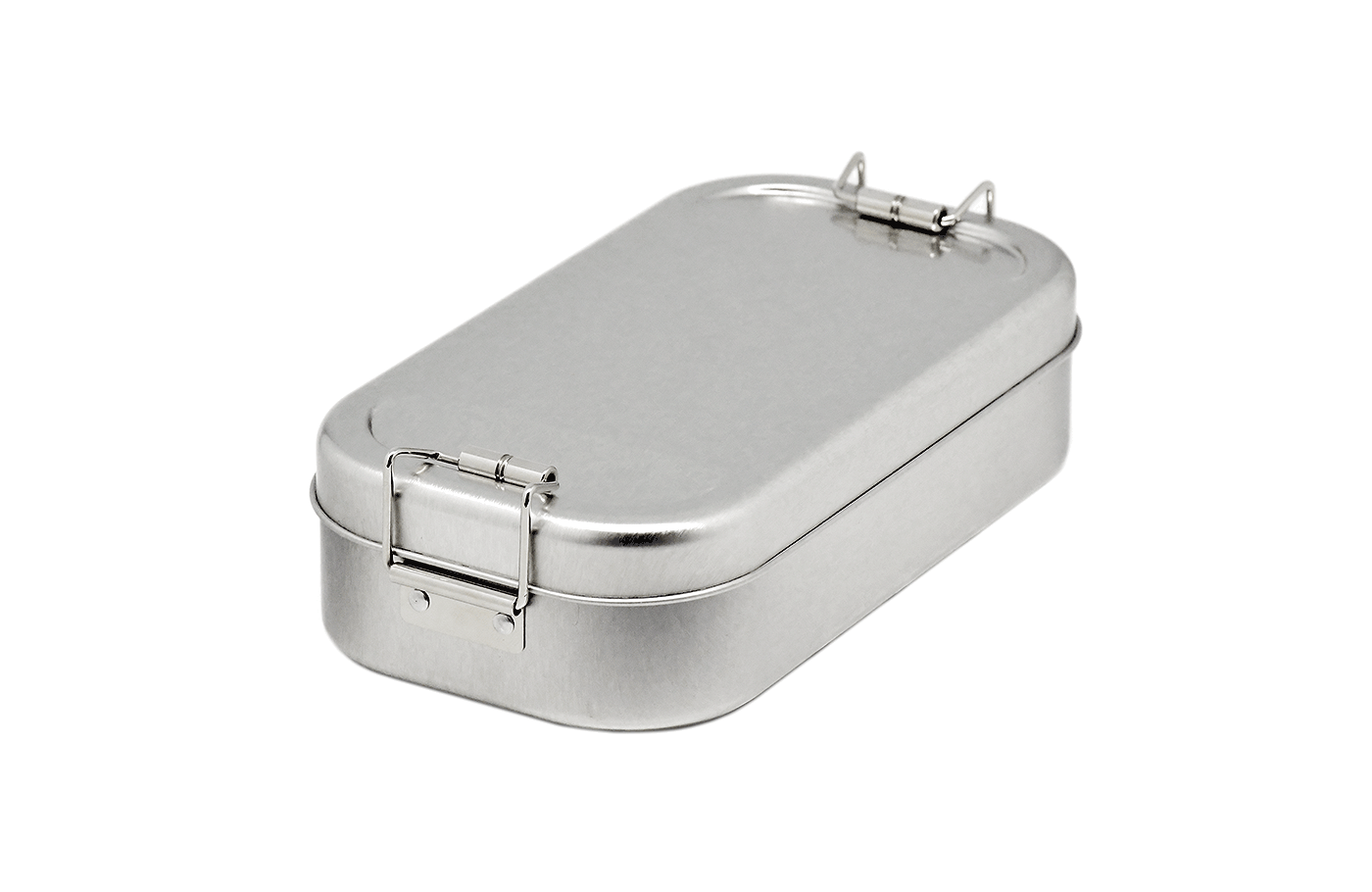 Lunchbox LB SILVER • 700 ml komplett aus Weißblech mit Bügelverschluss. Ansicht von schräg oben.
