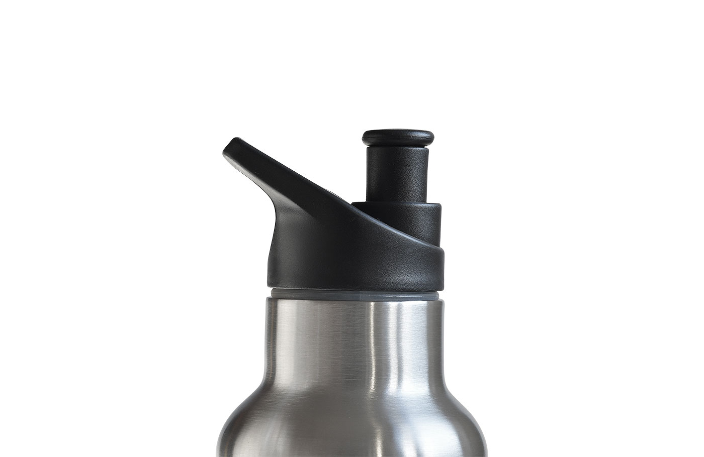Popup-Deckel für Trinkflasche - TFL 002. BPA-freies PP mit Silikondichtung. Seitenansicht auf Flasche.