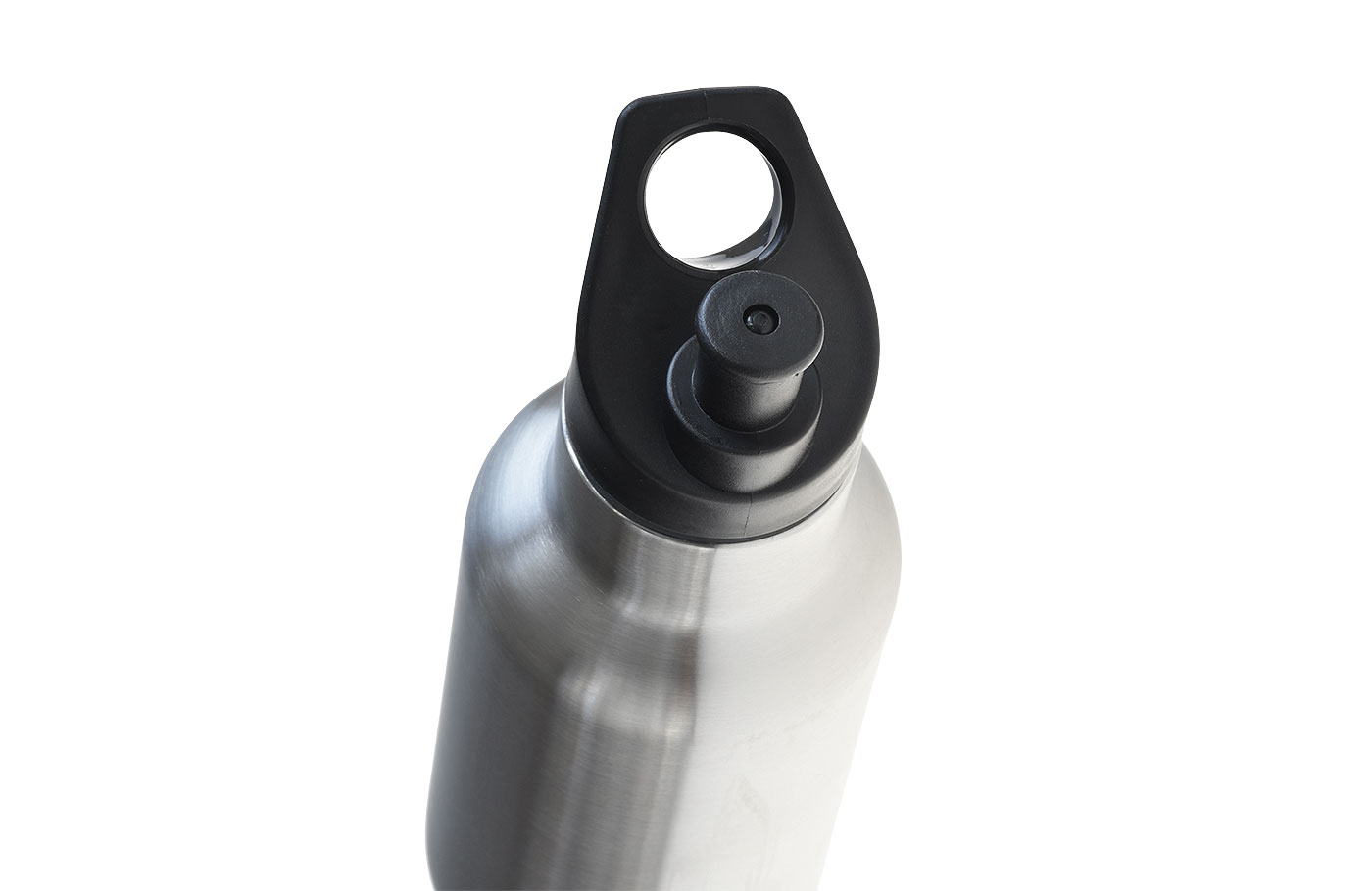Popup-Deckel für Trinkflasche - TFL 002. BPA-freies PP mit Silikondichtung. Ansicht von oben auf Flasche.